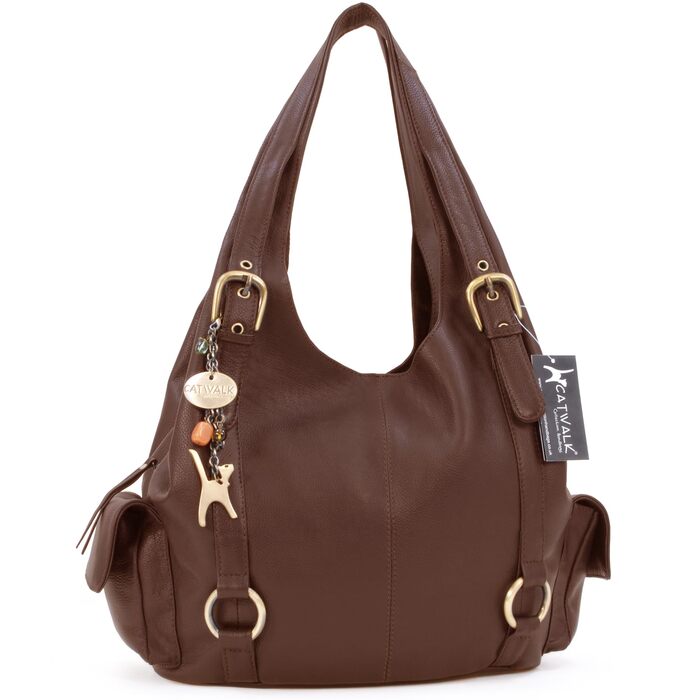 Жіноча шкіряна сумка через плече Catwalk Collection Alex — велика сумка-хобо з багатофункціональними відділеннями, коричнева