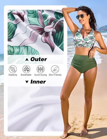 Бікіні жіноче CMTOP з високою талією, пуш-ап, двочастинний купальник, бавовняний, з принтом зеленого листя, розмір S