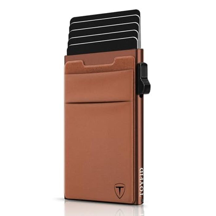 Мінімалістичний RFID гаманець-картхолдер TOYFID з функцією Pop-up, тонкий портмоне для кредитних карток та монет, коричневий