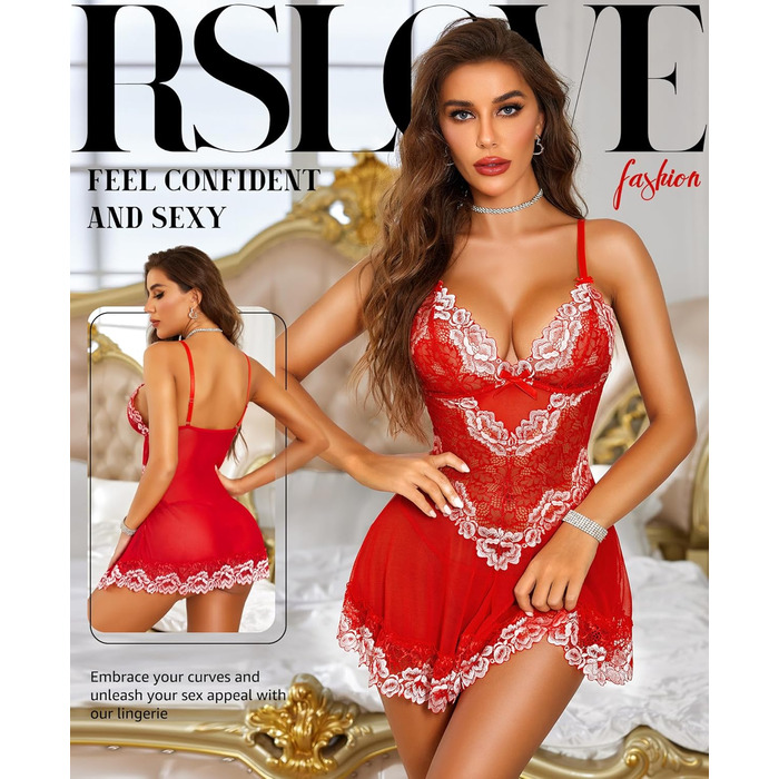 RSLOVE Babydoll для жінок: мереживний комплект нижньої білизни, сексуальне вечірнє плаття (XL, червоний)