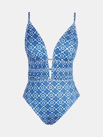 CUPSHE купальник з глибоким V-подібним вирізом, на зав'язках, з текстурою, однотонний (L, блакитний/білий, геометрія)