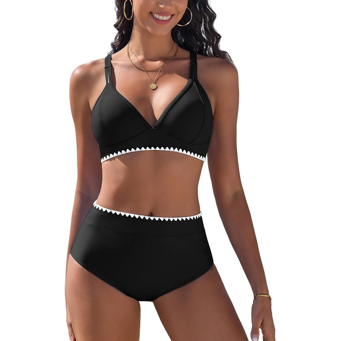 Бікіні жіночий комплект з V-подібним вирізом, двочастинний, з пуш-ап, висока талія, купальник сексуальний з білою мереживом, чорний, розмір S
