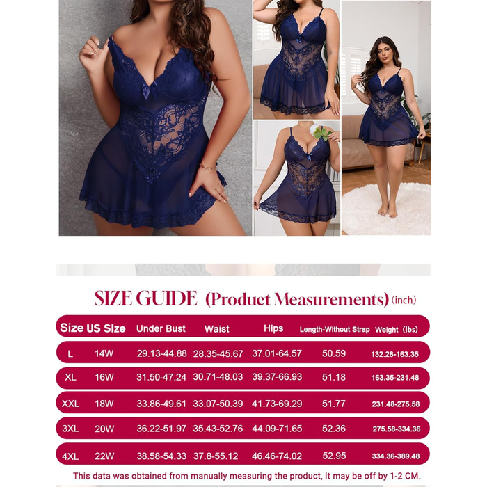 Babydoll з мереживом Alrovetoney для жінок великих розмірів (3XL, блакитний) - Нічна сорочка, Chemise, Neckholder