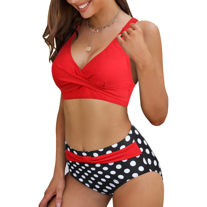 Жіночий двочастинний купальник Adigaber з V-подібним вирізом, квітковий принт, бікіні з животом, комплект L, червоні та чорні крапки