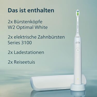 Електрична звукова зубна щітка Philips Sonicare 3100 (HX3675/13), біла, набір з 2 шт. з дорожніми футлярами, контроль натиску та таймер