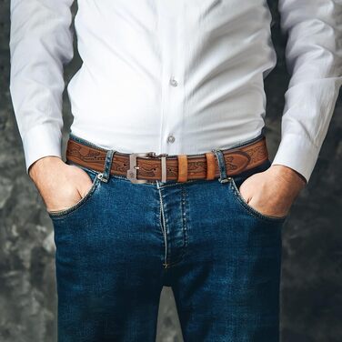 Чоловічий шкіряний ремінь BISON DENIM ретро для джинсів та бізнес-стилю, 38 мм, коричневий, довжина 115 см (на талію 36'-38')