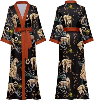 Жіночий халат-кімоно з атласу, максі, довгий, з квітковим принтом, легкий літній халат, жіночий халат для сну, піжама для вечірки, леопардовий принт (універсальний розмір)