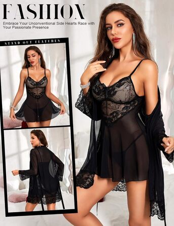 Комплект спідньої білизни RSLOVE: мереживний кімоно, бюстгальтер та труси (3 частини), чорний