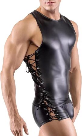 Чоловіча ременна майка з латексу, чорна XL | Сексуальна білизна, облягаючий топ з еластичної шкіри