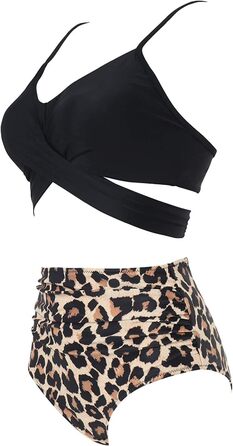 Бікіні жіночий з рюшами, комплект 2 шт. - топ з перехресною застібкою та пуш-ап, трусики з високою талією та зав'язками на спині, леопардовий принт, розмір XL