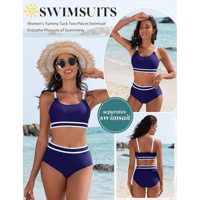 Бікіні Tuopuda з високою талією, спортивний двочастинний купальник, push-up, темно-синій (L)