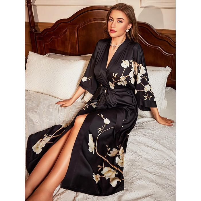 Чоловічий халат з довгим атласним кімоно, квітка, шовковий халат, халат для нареченої, халат для дівчат (універсальний розмір, чорний - магнолія)