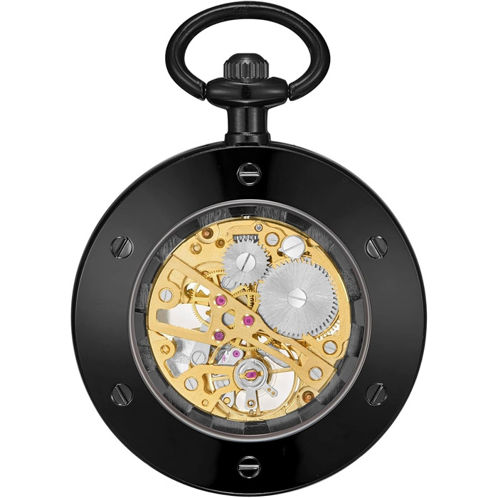 Механічний кишеньковий годинник ShoppeWatch для чоловіків з ланцюжком, ручний завод, прозорий циферблат у стилі стімпанк (чорний)