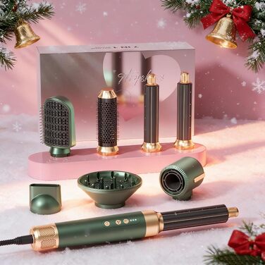 Мультифункціональний стайлер для волосся 7 в 1 Atopskins Airstyler Pro: фен з дифузором, круглі щітки, випрямляч та плойка для локонів Beach Waves, зелено-золотий
