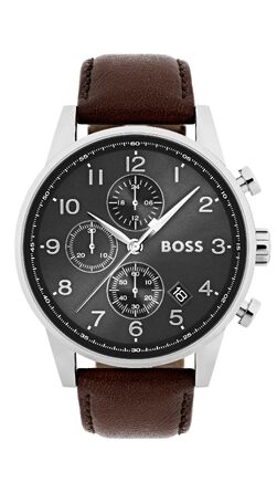 Чоловічий годинник BOSS Navigator Chronograph Quartz зі сталевим міллезаїм ремінцем або шкіряним ремінцем, Коричневий/Сірий