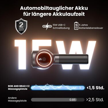 Перкусійний масажер Bob and Brad C2 для м'язів, масажна пістолет з 5 рівнями швидкості та набором насадок, Phantom Black