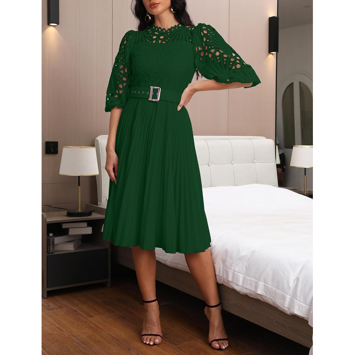 Сукня міді Spitzenkleid: плісе, пишні рукави, довжина міді, зелена (M)
