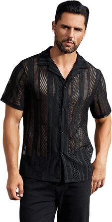 Чоловіча прозора сорочка-сітка Abehik з короткими рукавами для клубів, вечірок, святкування - чорна
