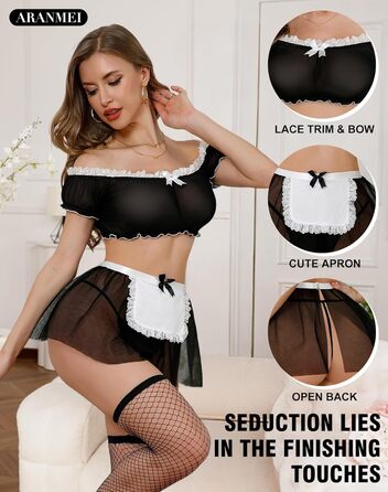 Сексуальна білизна Aranmei для жінок: мереживний комплект, прозорий, для косплею, 4 предмети (з панчохами), чорний, XXL