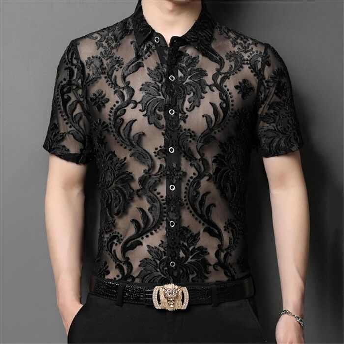 Чоловіча сорочка AWMew, мереживо, сітка, коротка, клубний стиль, чорна, розмір S