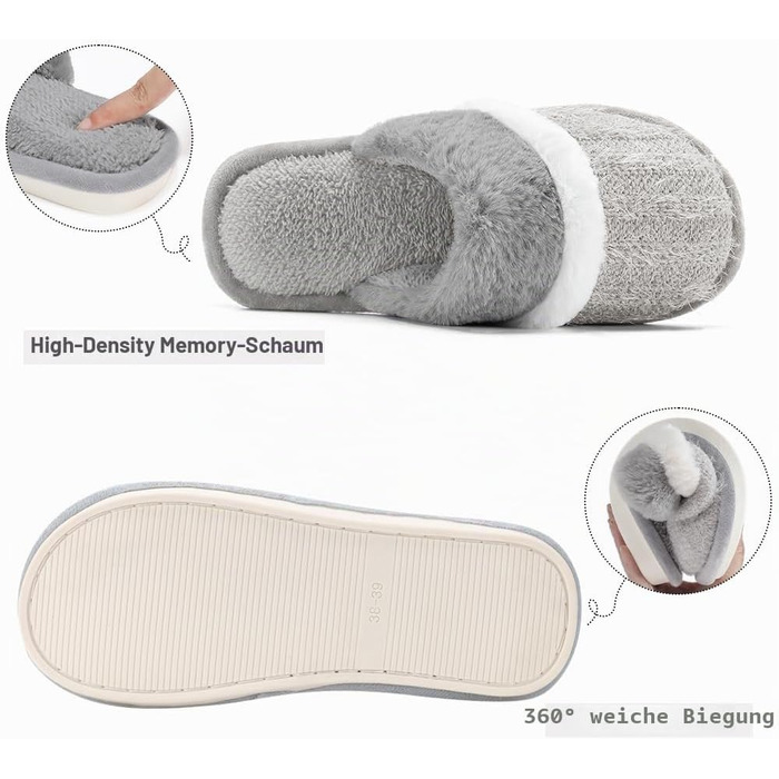 Зимові домашні капці GOEWY для жінок та чоловіків з ефектом пам'яті (Memory Foam), теплі та протиковзкі тапочки-шлепанці, світло-сірі, розмір 40/41 EU
