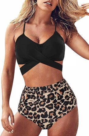 Бікіні жіночий з рюшами, комплект 2 шт. - топ з перехресною застібкою та пуш-ап, трусики з високою талією та зав'язками на спині, леопардовий принт, розмір XL