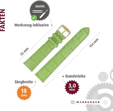 Шкіряний ремінець для годинника MARBURGER 18мм з тисненням під крокодила, зелений зі золотистою пряжкою, комплект з інструментами для монтажу, 52818