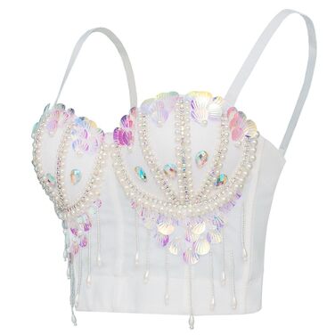 Жіночий корсет-бюстгальтер Royal Smeela з паєтками, перлами та стразами. Короткий топ, корсетний бюст, клубний стиль, для вечірок та свят. Білий корсет з бахромою.