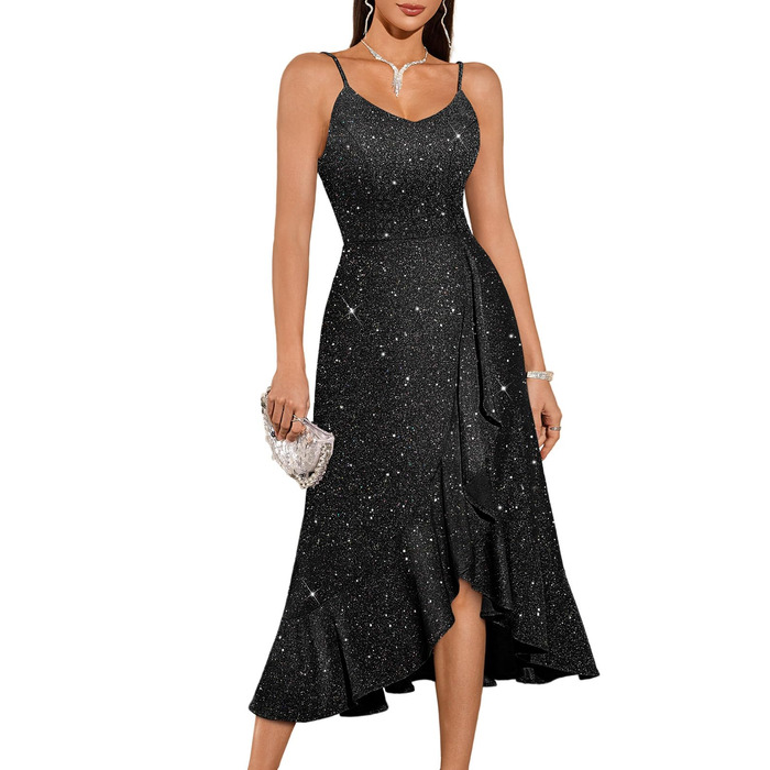 Сукня коктейльна DRESSTELLS для вечірки, весілля, святкування. Чорна, з блискітками, на тонких бретелях, довжина до коліна. Елегантна, для святкових заходів. Розмір L