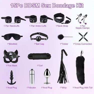 Набір для БДСМ з шкіри, 15 предметів: фетіш, зв'язування, еротика для дорослих. З руками, маскою та мотузкою (чорний)