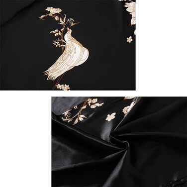 Жіночий халат з довгим рукавом з шовку, сатин, кімоно, квітковий принт, чорний, універсальний розмір