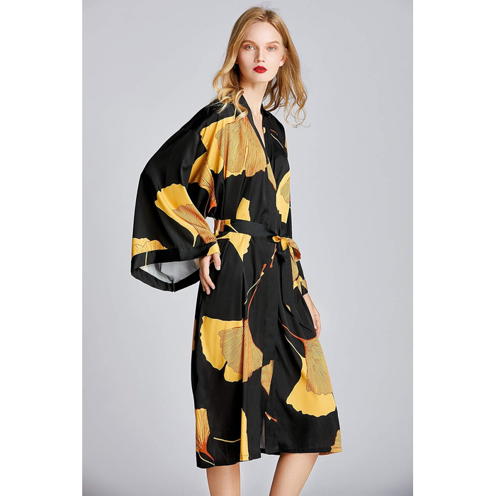 Жіночий халат-кімоно з довгим рукавом з атласу, принт листя гінкго, для нареченої/свідки, універсальний розмір, чорний