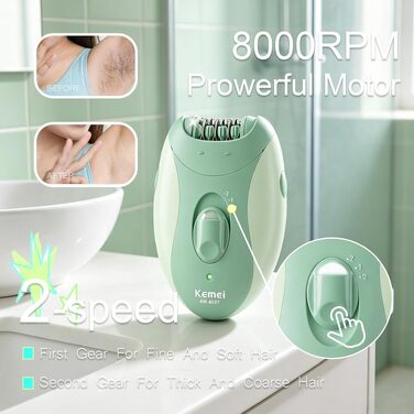 Епілятор KEMEI 4-в-1 для жінок: електричний голений апарат з LED-підсвіткою, 4 насадки (епіляція, гоління, масаж, видалення мозолів) для обличчя, пахв та бікіні, зелений