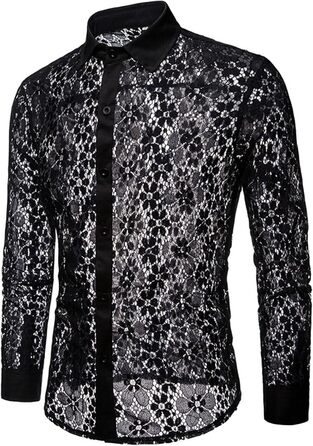 Чоловіча сорочка HanzhuoLG з вирізами, прозора мереживна сорочка з відкладним коміром, довгі рукави, чорна, XL