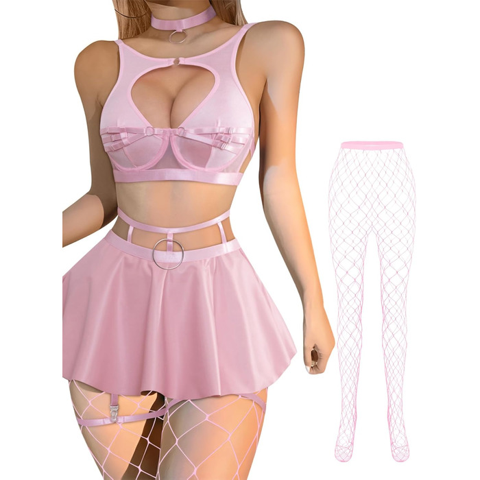 Комплект білизни Lilosy: колготки, чокер, ремінь-петля, бюстгальтер з підтяжкою, спідниця (M, Рожевий)