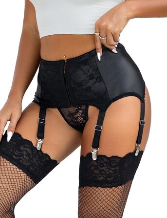 Чорний шкіряний корсет-стрінг з 6 гачками для жінок, великі розміри. Сет сексуальної білизни Straps.