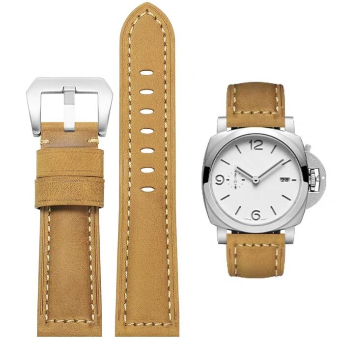 Шкіряний ремінець для годинника Panerai Luminor 44мм Vintage Military, 22мм 24мм 26мм, світло-коричневий зі сріблястими елементами