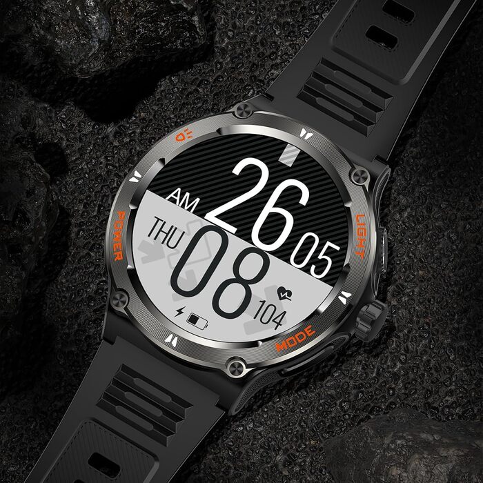 Смарт-годинник findtime Military: міцний тактичний годинник з компасом, LED-ліхтариком, функцією дзвінків та моніторингом серцебиття для Android та iOS, чорний