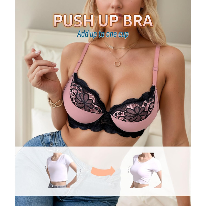 Трусики бюстгальтер для жінок Bügel BHS Push-up з квітковою мереживом, глибокий V-подібний виріз, додавання чашечки, повсякденний одяг (75B, Рожевий)