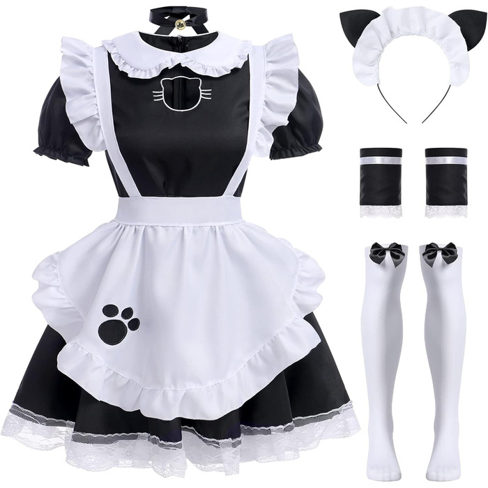 Костюм для косплею: сукня горничної, аніме, чорний, з вушками та рукавичками (5XL)