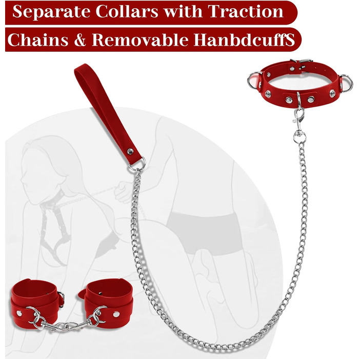 Набір BDSM 6-в-1: наручники, шлея для тіла, чіп, батіг, маска для очей, мотузки для фіксації. Для пар. Червоний колір.