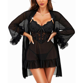 RSLOVE Комплект сексуальної білизни для жінок - мереживний комплект ніжної піжами, халат, 2-частинний неглиже, нічна сорочка, чорний M