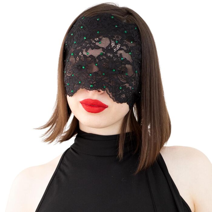 Маска для обличчя з мережива з чорного кольору з зеленими стразами, еластична мережива, атласна стрічка, маскарадний костюм чорного кольору (зелені стрази)