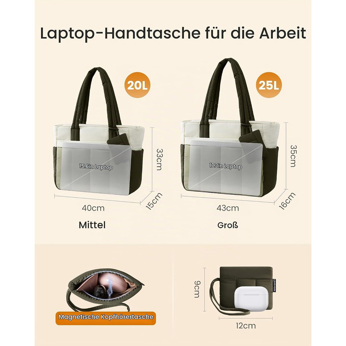 Жіноча сумка-шопер LOVEVOOK великого розміру, містка сумка для роботи та ноутбука 15.6 дюймів, м'яка сумка-тоут для подорожей, фітнесу та пляжу з відділеннями, бежево-оливкова