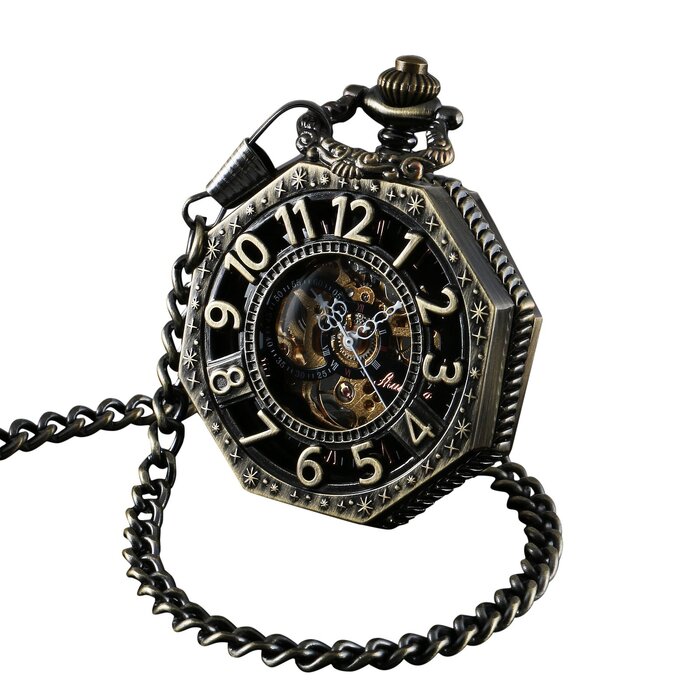 Чоловічий кишеньковий годинник ShoppeWatch з ланцюжком, механічний з ручним заводом, вінтажний стиль стімпанк (бронза), аксесуар для костюма 1920-х років