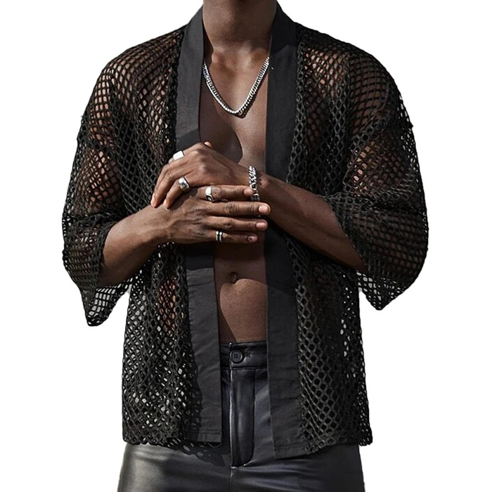 Чоловіча прозора сорочка з довгим рукавом для клубу, мереживна футболка, чорний колір, AIEOE