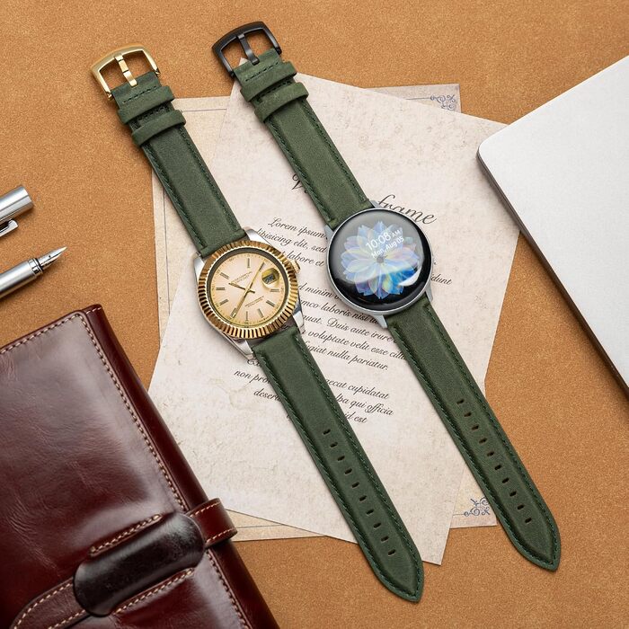Шкіряний ремінець для годинника та смарт-годинника Vintage Elegant, швидкознімний, 20мм, темно-зелений (золотиста застібка)