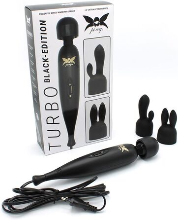 Вібратор Pixey Wand Turbo All-in-One - потужний, з регулюванням швидкості, з мережевим кабелем та 2 насадками (Black Edition, чорний)