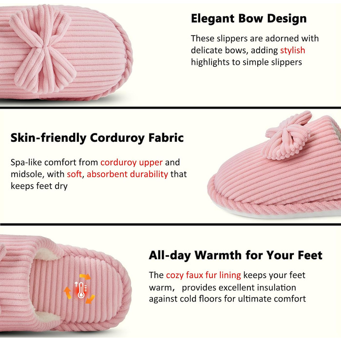 Жіночі зимові капці Coswind з ефектом пам'яті Memory Foam, плюшева підкладка та вельветовий верх, рожеві (розмір 36.5/38 EU)