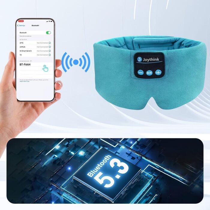 Маска для сну з Bluetooth-навушниками Joythink 5.3, шовкова музична маска для сну та медитації, підходить для сну на боці, 16 год роботи акумулятора, миюча маска для подорожей (блакитна)